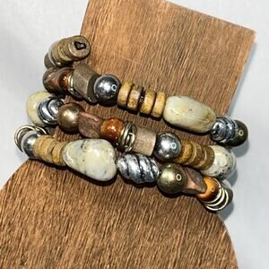 Neutral Tones Browns Ivory Wood And Resin Beads Memory Wire Wrap Bracelet